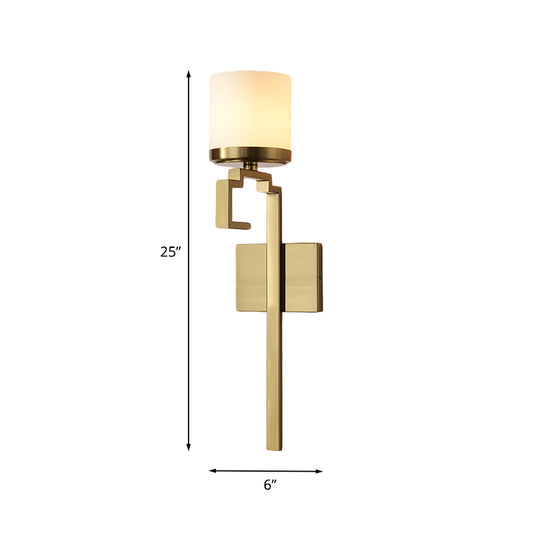 1 Bulb Pillar Sconce Lighting Mid Century Brass Opal Matte Glass Wall Light Fixture with Oriental Element Clearhalo 'Wall Lamps & Sconces' 'Wall Lights' Lighting' 1787370