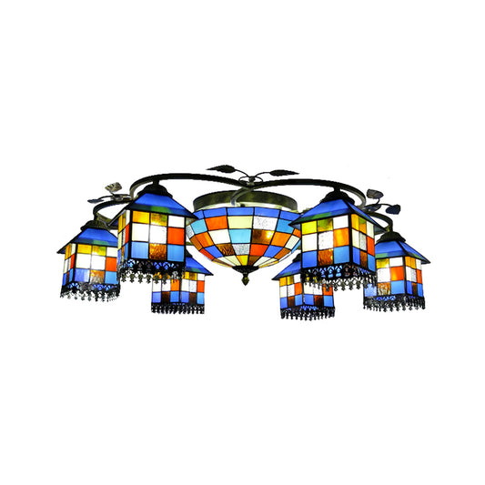 Mosaic House Pendant Light with Central Bowl Stained Glass Multi-Head Chandelier for Hotel Clearhalo 'Ceiling Lights' 'Close To Ceiling Lights' 'Close to ceiling' 'Glass shade' 'Glass' 'Pendant Lights' 'Semi-flushmount' 'Tiffany close to ceiling' 'Tiffany' Lighting' 178739
