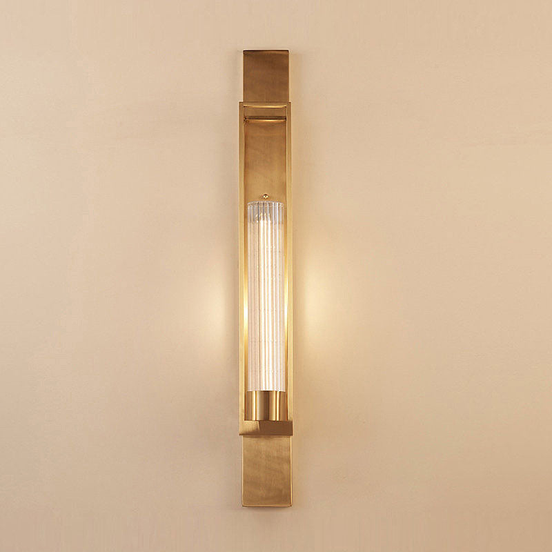 Metal Rectangle Wall Sconce Lighting Luxury 1-Bulb Living Room Wall Light in Gold with Cylinder Clear Glass Shade Gold Clearhalo 'Wall Lamps & Sconces' 'Wall Lights' Lighting' 1787436