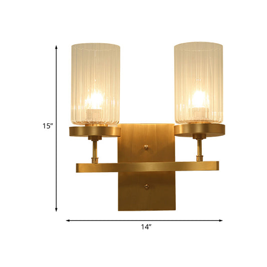 Clear Ribbed Glass Cylinder Wall Light 1/2-Head Bedroom Wall Sconce Lighting Fixture in Gold Clearhalo 'Wall Lamps & Sconces' 'Wall Lights' Lighting' 1787561