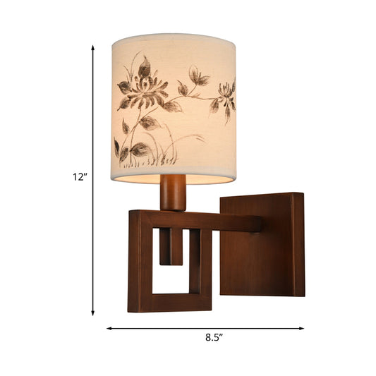 1 Light Cylinder Wall Lighting Fixture Rustic White Fabric Wall Sconce Light with Floral Pattern for Study Room Clearhalo 'Wall Lamps & Sconces' 'Wall Lights' Lighting' 1787581