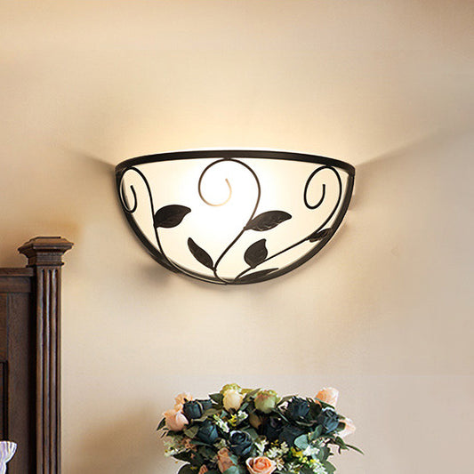 Half Moon Bedroom Wall Sconce Vintage White Glass 1 Head Black Wall Lighting with Leaf Design Clearhalo 'Wall Lamps & Sconces' 'Wall Lights' Lighting' 1787601