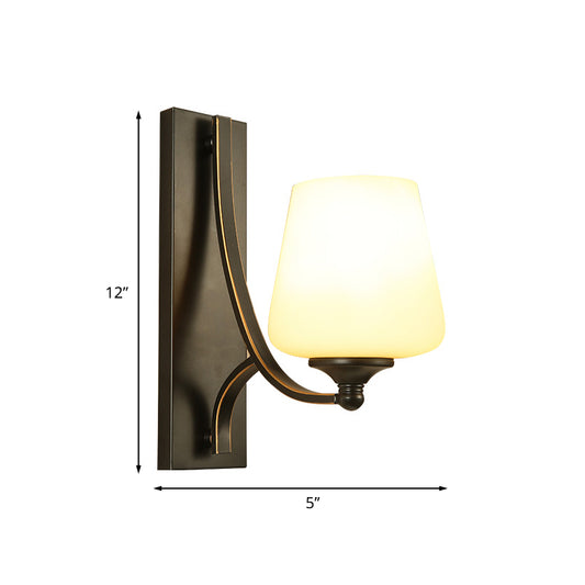 Traditional Tapered Wall Mounted Light 1 Bulb Frosted White Glass Wall Sconce Lamp in Black for Bedroom Clearhalo 'Wall Lamps & Sconces' 'Wall Lights' Lighting' 1787610