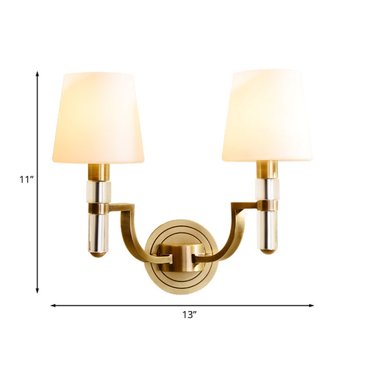 1/2-Light Tapered Wall Lamp Sconce Colonial Gold Frosted Glass Wall Mounted Light with Crystal Accent Clearhalo 'Wall Lamps & Sconces' 'Wall Lights' Lighting' 1787624