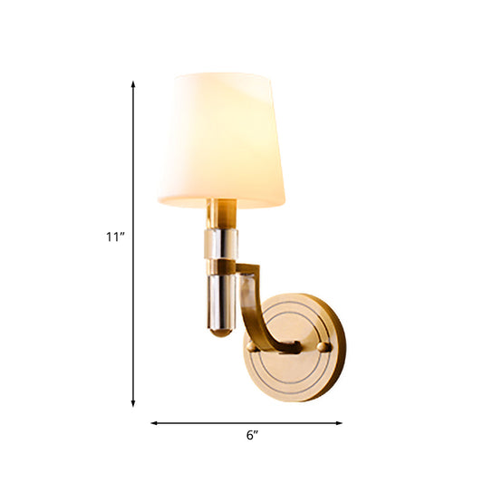 1/2-Light Tapered Wall Lamp Sconce Colonial Gold Frosted Glass Wall Mounted Light with Crystal Accent Clearhalo 'Wall Lamps & Sconces' 'Wall Lights' Lighting' 1787629