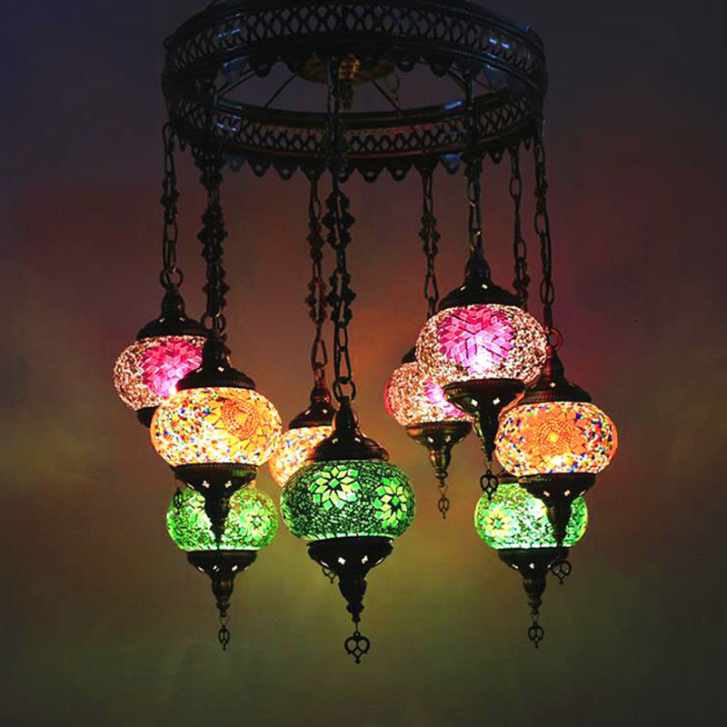10-Light Oval Chandelier Lamp Bohemia Style Red/Yellow/Orange Stained Glass Down Lighting with Round Design Clearhalo 'Ceiling Lights' 'Chandeliers' 'Glass shade' 'Glass' Lighting' 1787665