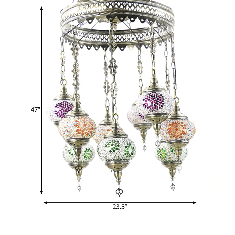 10-Light Oval Chandelier Lamp Bohemia Style Red/Yellow/Orange Stained Glass Down Lighting with Round Design Clearhalo 'Ceiling Lights' 'Chandeliers' 'Glass shade' 'Glass' Lighting' 1787666