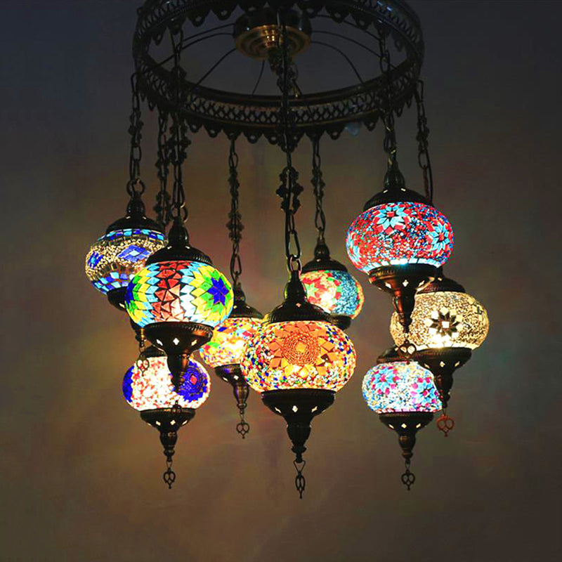 10-Light Oval Chandelier Lamp Bohemia Style Red/Yellow/Orange Stained Glass Down Lighting with Round Design Clearhalo 'Ceiling Lights' 'Chandeliers' 'Glass shade' 'Glass' Lighting' 1787668