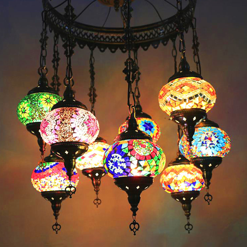 10-Light Oval Chandelier Lamp Bohemia Style Red/Yellow/Orange Stained Glass Down Lighting with Round Design Clearhalo 'Ceiling Lights' 'Chandeliers' 'Glass shade' 'Glass' Lighting' 1787670