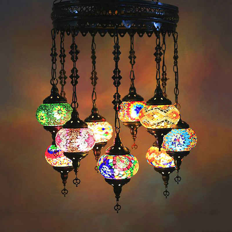 10-Light Oval Chandelier Lamp Bohemia Style Red/Yellow/Orange Stained Glass Down Lighting with Round Design Gold Clearhalo 'Ceiling Lights' 'Chandeliers' 'Glass shade' 'Glass' Lighting' 1787671