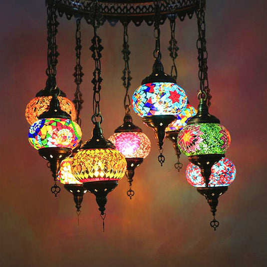 10-Light Oval Chandelier Lamp Bohemia Style Red/Yellow/Orange Stained Glass Down Lighting with Round Design Red Clearhalo 'Ceiling Lights' 'Chandeliers' 'Glass shade' 'Glass' Lighting' 1787673