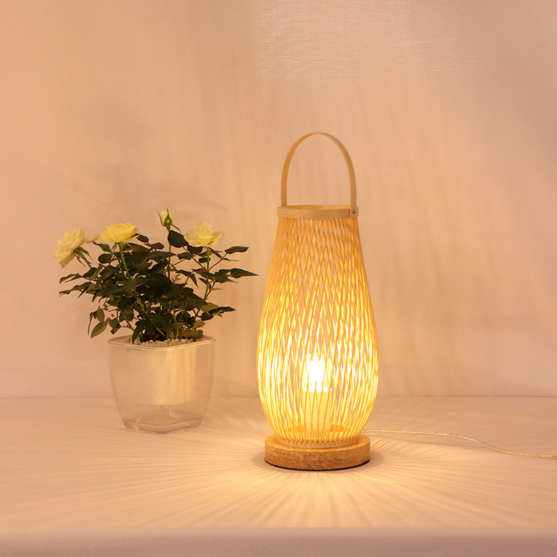 Single Bulb Bedroom Table Lamp Asian Style Beige Curved Handle Desk Lighting with Basket Bamboo Shade Clearhalo 'Lamps' 'Table Lamps' Lighting' 1787694