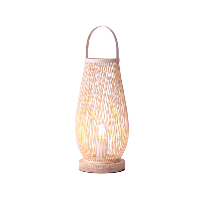 Single Bulb Bedroom Table Lamp Asian Style Beige Curved Handle Desk Lighting with Basket Bamboo Shade Clearhalo 'Lamps' 'Table Lamps' Lighting' 1787697