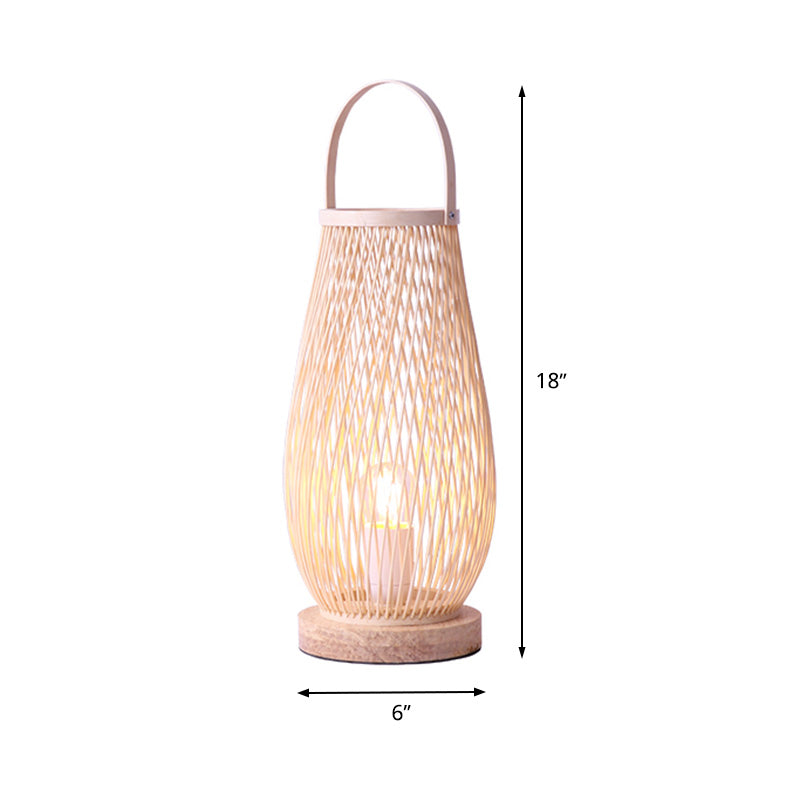 Single Bulb Bedroom Table Lamp Asian Style Beige Curved Handle Desk Lighting with Basket Bamboo Shade Clearhalo 'Lamps' 'Table Lamps' Lighting' 1787698