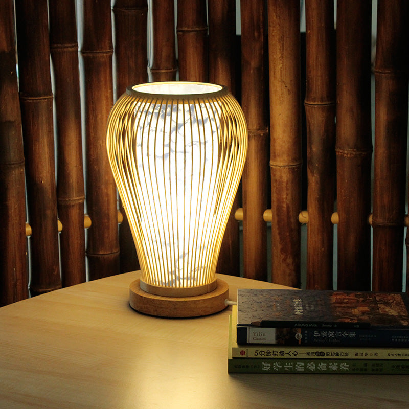 Urn Table Lamp Asian Style Bamboo Single Bulb White Desk Light with Inner Cylinder Shade Clearhalo 'Lamps' 'Table Lamps' Lighting' 1787699