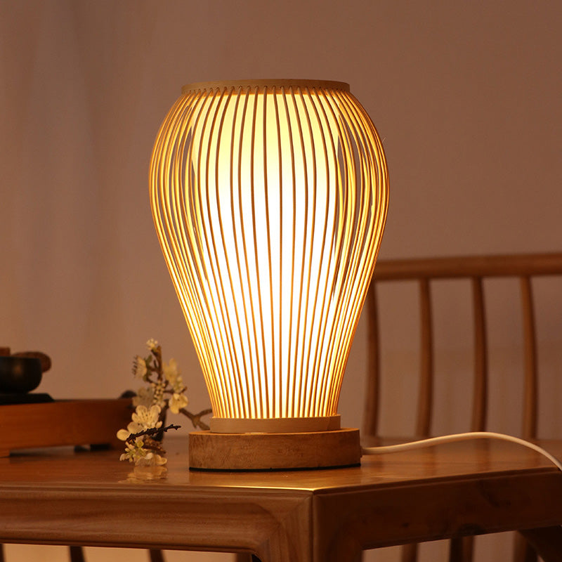 Urn Table Lamp Asian Style Bamboo Single Bulb White Desk Light with Inner Cylinder Shade White Clearhalo 'Lamps' 'Table Lamps' Lighting' 1787700