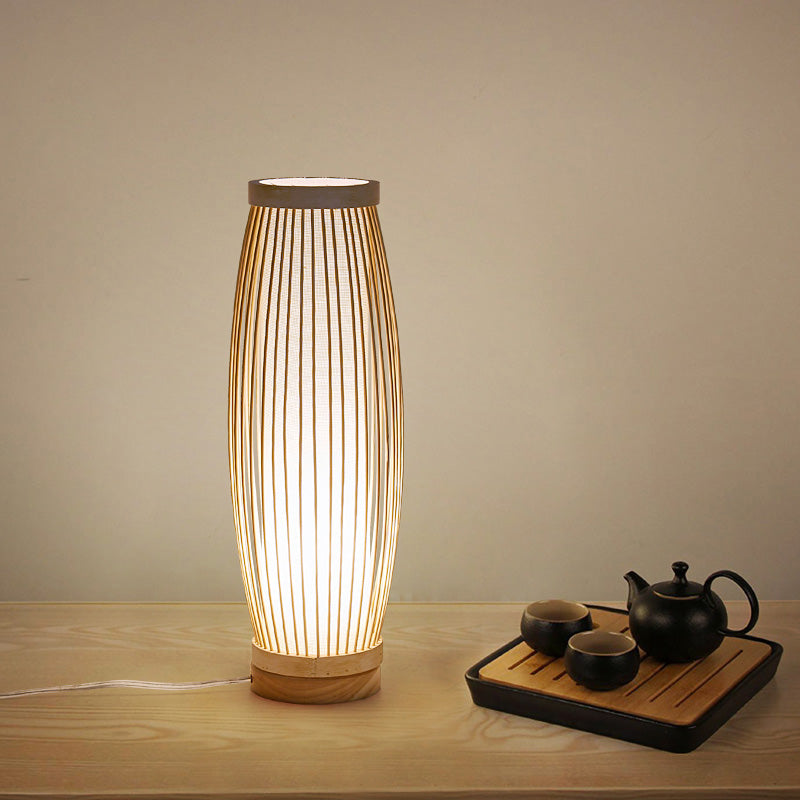 Wood Oblong Night Table Lamp Asian Style Single Bulb Bamboo Desk Light with Inner Cylinder Fabric Shade for Bedroom Clearhalo 'Lamps' 'Table Lamps' Lighting' 1787704