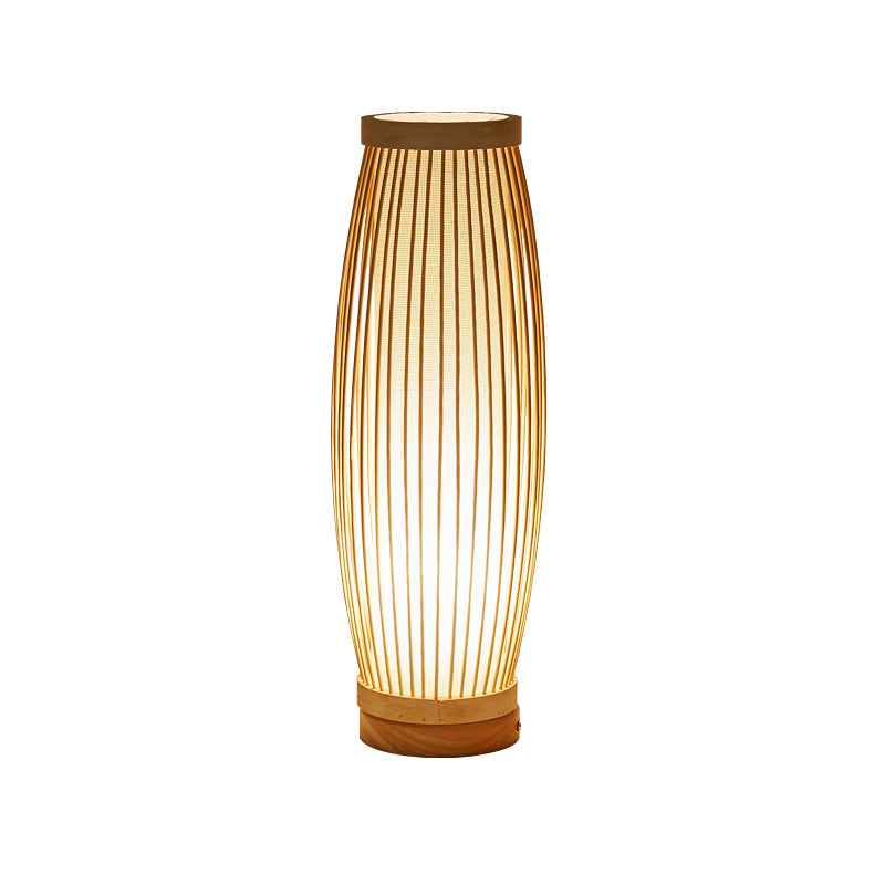 Wood Oblong Night Table Lamp Asian Style Single Bulb Bamboo Desk Light with Inner Cylinder Fabric Shade for Bedroom Clearhalo 'Lamps' 'Table Lamps' Lighting' 1787707