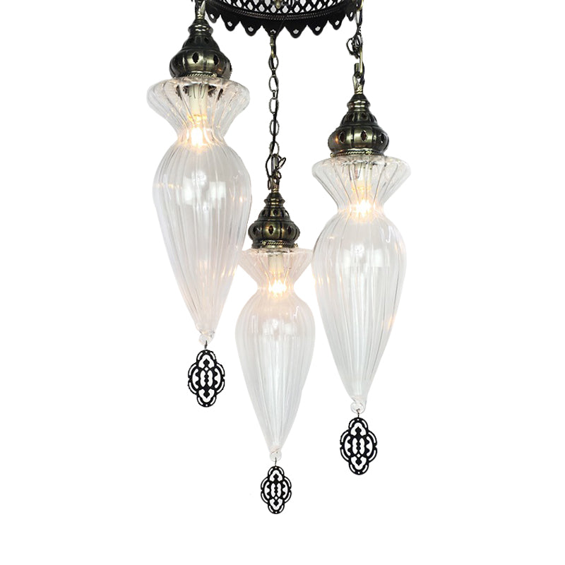 Traditional Gourd Chandelier Light 3 Bulbs Clear Ribbed Glass Pendant Lighting Fixture Clearhalo 'Ceiling Lights' 'Chandeliers' 'Glass shade' 'Glass' Lighting' 1787709