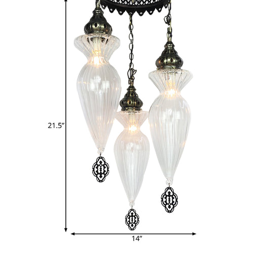 Traditional Gourd Chandelier Light 3 Bulbs Clear Ribbed Glass Pendant Lighting Fixture Clearhalo 'Ceiling Lights' 'Chandeliers' 'Glass shade' 'Glass' Lighting' 1787711