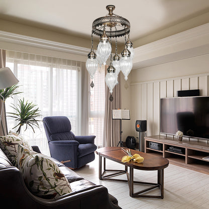 Clear Crackle Glass Chandelier Light Fixture Bohemia 7-Light Living Room Ceiling Pendant with Circular Design Clear Clearhalo 'Ceiling Lights' 'Chandeliers' 'Glass shade' 'Glass' Lighting' 1787713