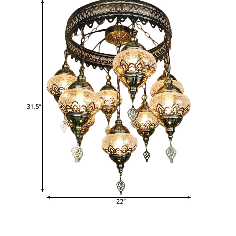 Bronze Elliptical Hanging Ceiling Light Vintage Clear Crackle Glass 9-Head Bedroom Pendant Chandelier Clearhalo 'Ceiling Lights' 'Chandeliers' 'Glass shade' 'Glass' 'Pendant Lights' Lighting' 1787721