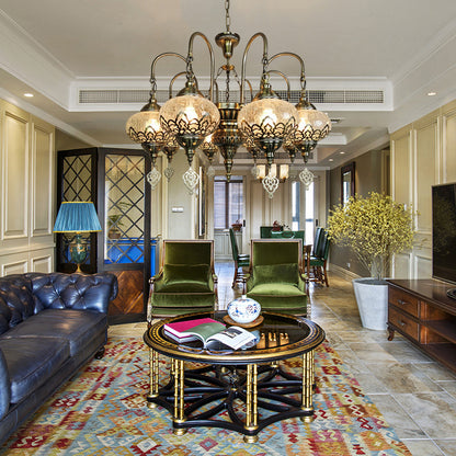 Lantern Living Room Suspension Lamp Bohemia Clear Crackle Glass 8 Lights Bronze Chandelier Light with Swooping Arm Bronze Clearhalo 'Ceiling Lights' 'Chandeliers' 'Glass shade' 'Glass' Lighting' 1787723