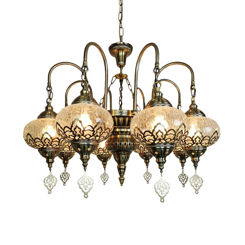 Lantern Living Room Suspension Lamp Bohemia Clear Crackle Glass 8 Lights Bronze Chandelier Light with Swooping Arm Clearhalo 'Ceiling Lights' 'Chandeliers' 'Glass shade' 'Glass' Lighting' 1787724