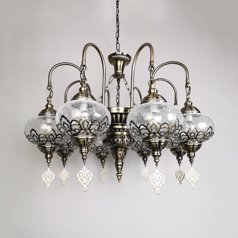 Lantern Living Room Suspension Lamp Bohemia Clear Crackle Glass 8 Lights Bronze Chandelier Light with Swooping Arm Clearhalo 'Ceiling Lights' 'Chandeliers' 'Glass shade' 'Glass' Lighting' 1787725