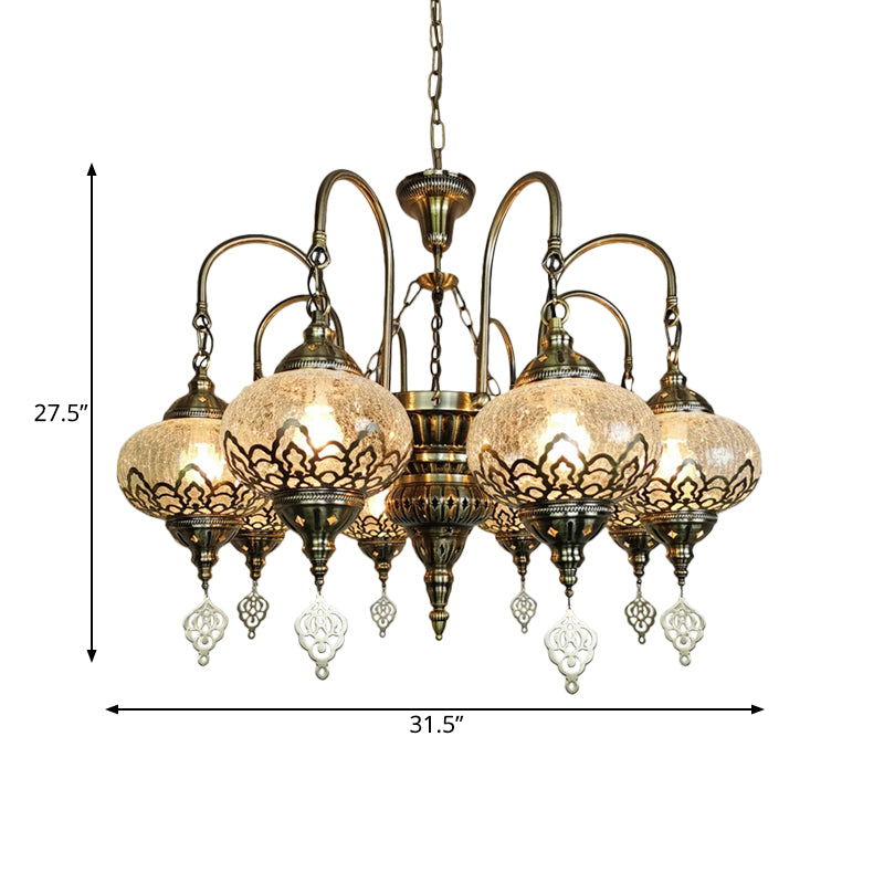Lantern Living Room Suspension Lamp Bohemia Clear Crackle Glass 8 Lights Bronze Chandelier Light with Swooping Arm Clearhalo 'Ceiling Lights' 'Chandeliers' 'Glass shade' 'Glass' Lighting' 1787726