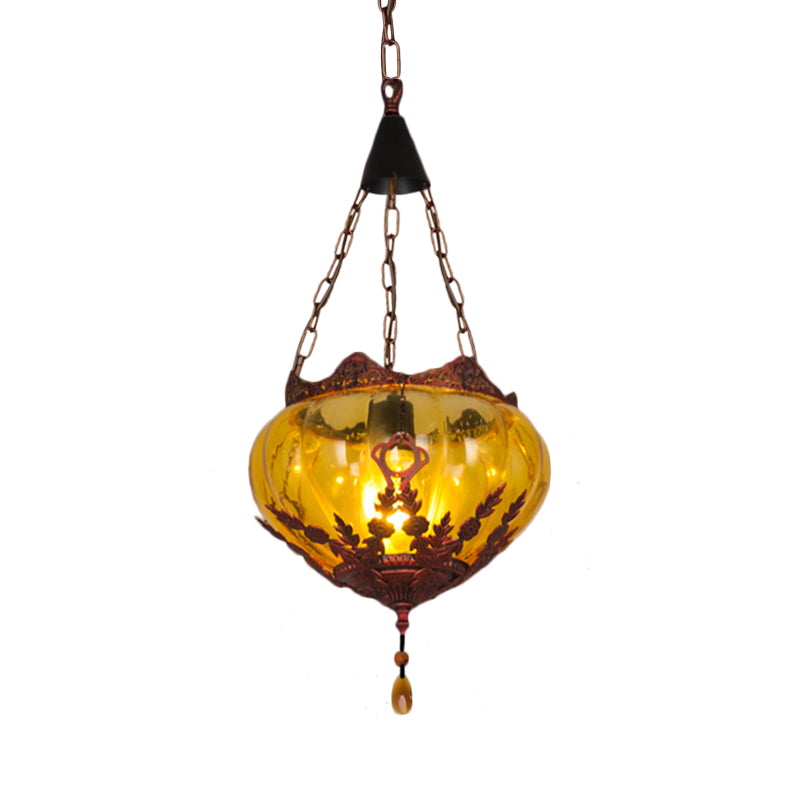 Lantern Restaurant Ceiling Light Country Style Amber Glass 1 Light Rust Pendant Lamp Clearhalo 'Ceiling Lights' 'Chandeliers' 'Glass shade' 'Glass' 'Pendant Lights' 'Pendants' Lighting' 1787730