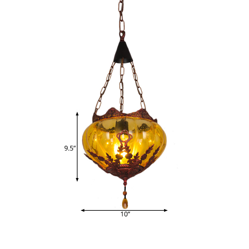 Lantern Restaurant Ceiling Light Country Style Amber Glass 1 Light Rust Pendant Lamp Clearhalo 'Ceiling Lights' 'Chandeliers' 'Glass shade' 'Glass' 'Pendant Lights' 'Pendants' Lighting' 1787731