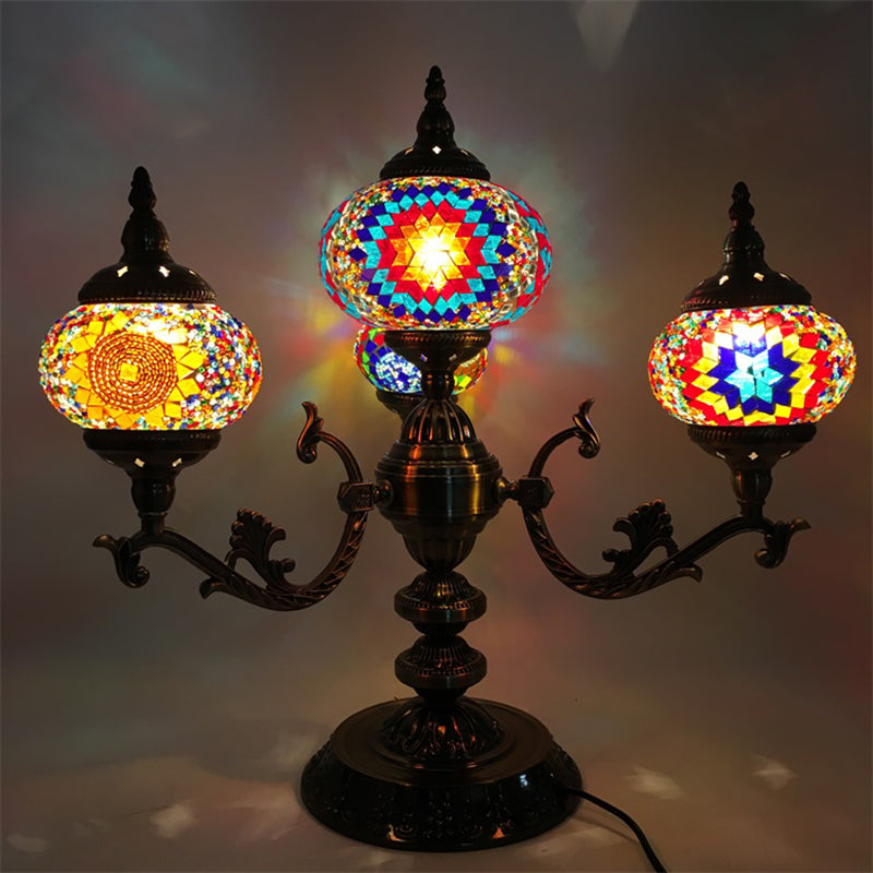 Bohemia Oval Nightstand Light 4 Bulbs Stained Glass Night Table Lighting in Red/Yellow/Orange for Bedroom Clearhalo 'Lamps' 'Table Lamps' Lighting' 1787733