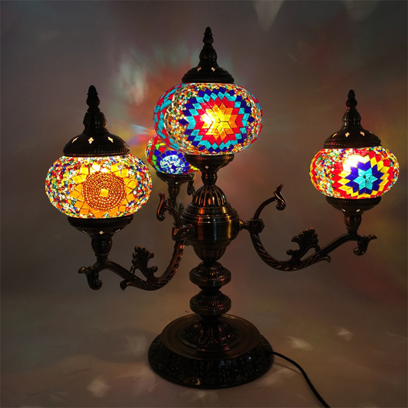 Bohemia Oval Nightstand Light 4 Bulbs Stained Glass Night Table Lighting in Red/Yellow/Orange for Bedroom Clearhalo 'Lamps' 'Table Lamps' Lighting' 1787734