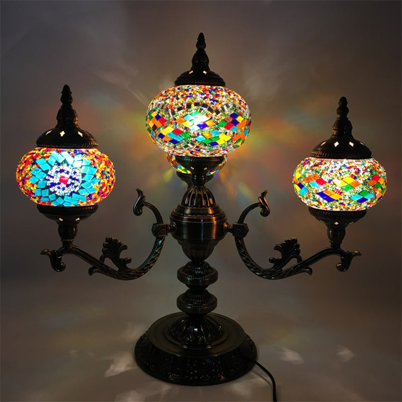 Bohemia Oval Nightstand Light 4 Bulbs Stained Glass Night Table Lighting in Red/Yellow/Orange for Bedroom Clearhalo 'Lamps' 'Table Lamps' Lighting' 1787737