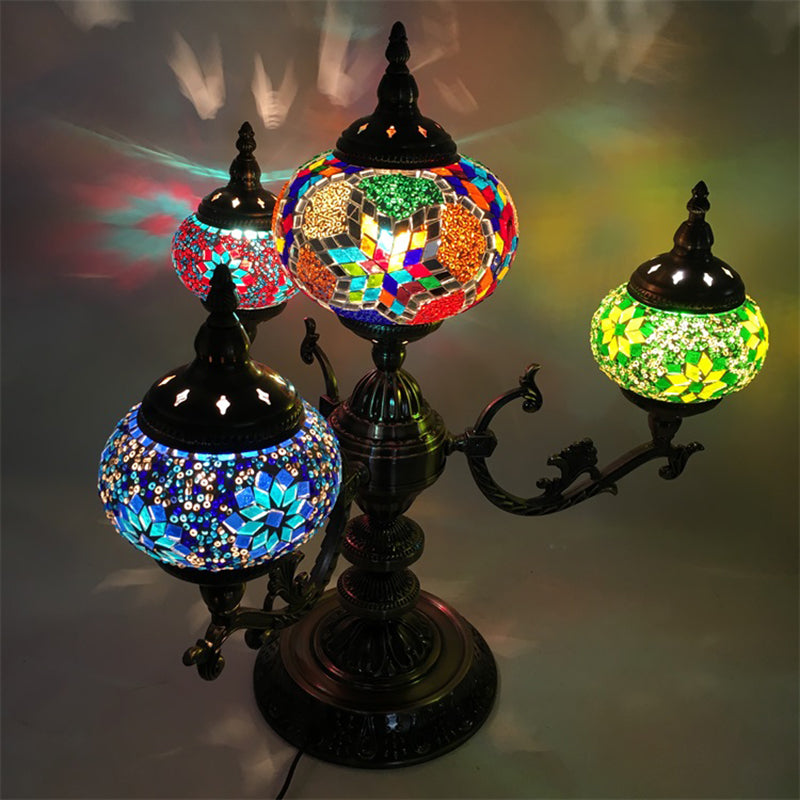 Bohemia Oval Nightstand Light 4 Bulbs Stained Glass Night Table Lighting in Red/Yellow/Orange for Bedroom Clearhalo 'Lamps' 'Table Lamps' Lighting' 1787743