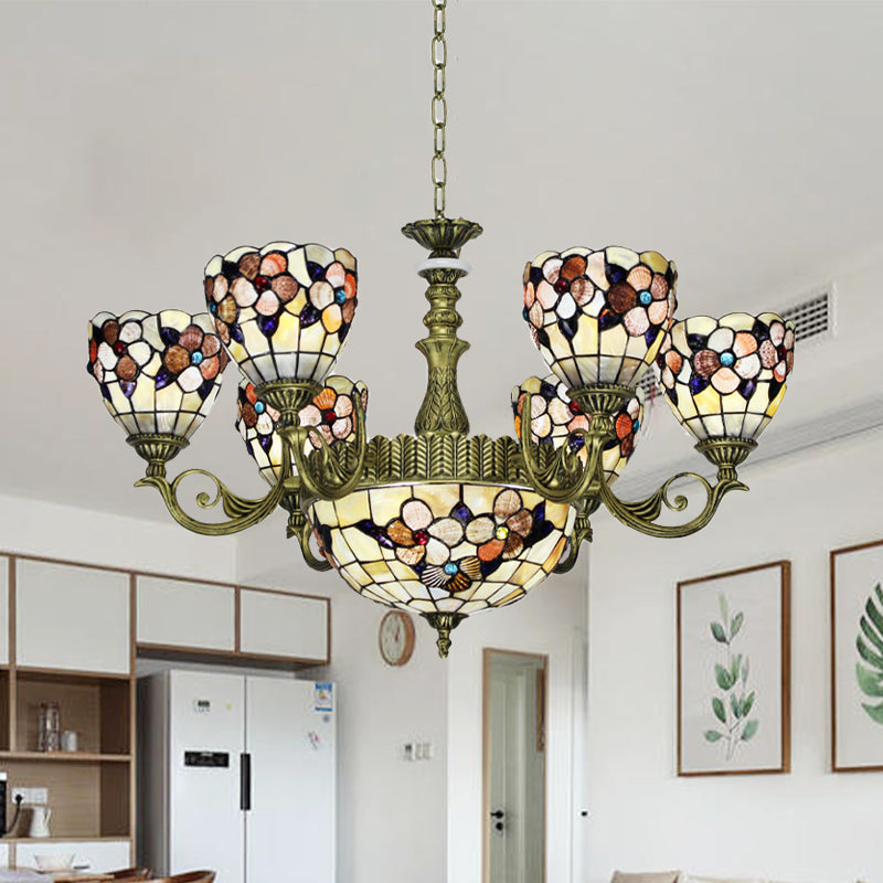 9/11 Lights Bedroom Ceiling Chandelier Tiffany Beige Flower Patterned Suspension Lamp with Bowl Shell Shade Clearhalo 'Ceiling Lights' 'Chandeliers' 'Industrial' 'Middle Century Chandeliers' 'Pendant Lights' 'Tiffany Chandeliers' 'Tiffany close to ceiling' 'Tiffany' Lighting' 1787801