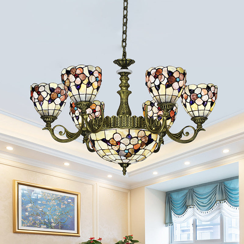 9/11 Lights Bedroom Ceiling Chandelier Tiffany Beige Flower Patterned Suspension Lamp with Bowl Shell Shade 9 Beige Clearhalo 'Ceiling Lights' 'Chandeliers' 'Industrial' 'Middle Century Chandeliers' 'Pendant Lights' 'Tiffany Chandeliers' 'Tiffany close to ceiling' 'Tiffany' Lighting' 1787802