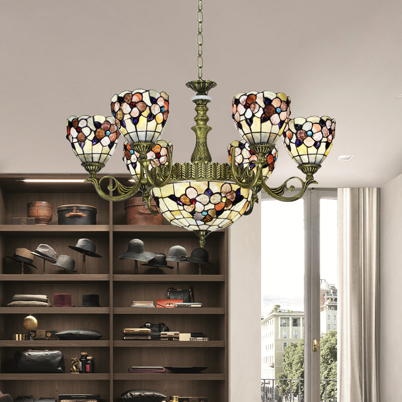 9/11 Lights Bedroom Ceiling Chandelier Tiffany Beige Flower Patterned Suspension Lamp with Bowl Shell Shade Clearhalo 'Ceiling Lights' 'Chandeliers' 'Industrial' 'Middle Century Chandeliers' 'Pendant Lights' 'Tiffany Chandeliers' 'Tiffany close to ceiling' 'Tiffany' Lighting' 1787803