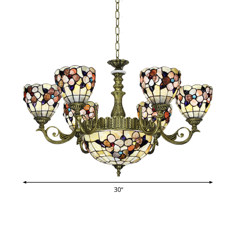 9/11 Lights Bedroom Ceiling Chandelier Tiffany Beige Flower Patterned Suspension Lamp with Bowl Shell Shade Clearhalo 'Ceiling Lights' 'Chandeliers' 'Industrial' 'Middle Century Chandeliers' 'Pendant Lights' 'Tiffany Chandeliers' 'Tiffany close to ceiling' 'Tiffany' Lighting' 1787805