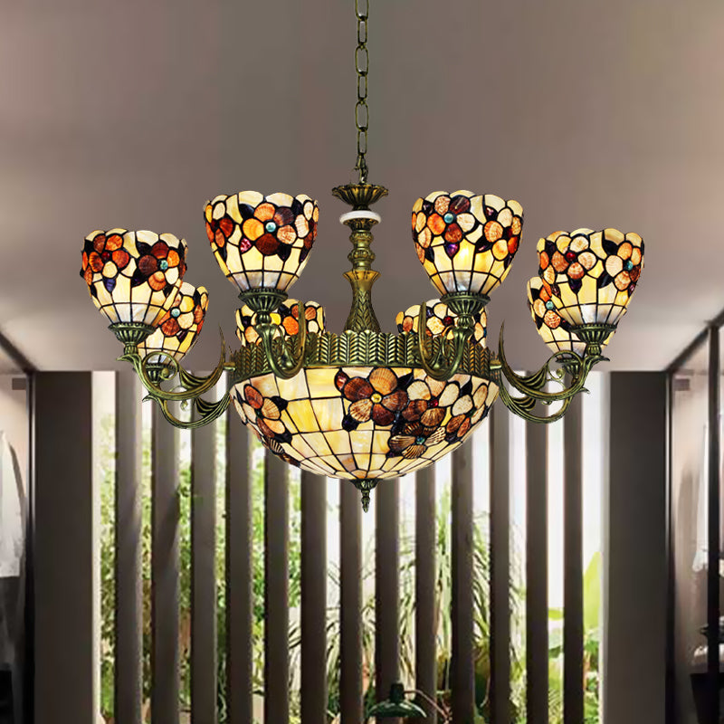 9/11 Lights Bedroom Ceiling Chandelier Tiffany Beige Flower Patterned Suspension Lamp with Bowl Shell Shade Clearhalo 'Ceiling Lights' 'Chandeliers' 'Industrial' 'Middle Century Chandeliers' 'Pendant Lights' 'Tiffany Chandeliers' 'Tiffany close to ceiling' 'Tiffany' Lighting' 1787808