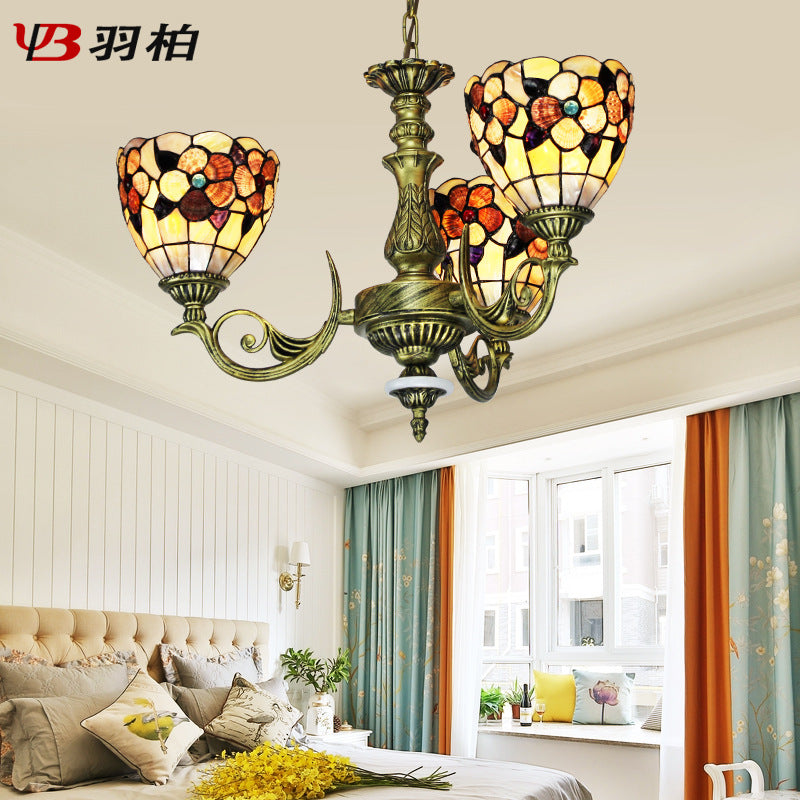 9/11 Lights Bedroom Ceiling Chandelier Tiffany Beige Flower Patterned Suspension Lamp with Bowl Shell Shade 3 Beige Clearhalo 'Ceiling Lights' 'Chandeliers' 'Industrial' 'Middle Century Chandeliers' 'Pendant Lights' 'Tiffany Chandeliers' 'Tiffany close to ceiling' 'Tiffany' Lighting' 1787809
