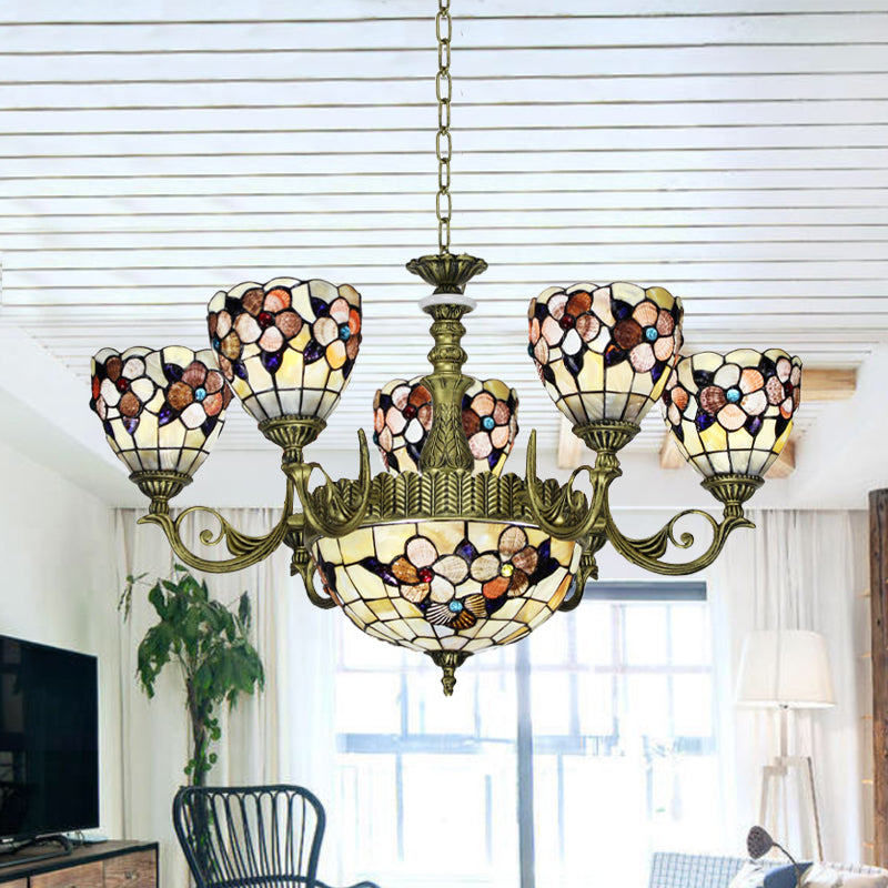 9/11 Lights Bedroom Ceiling Chandelier Tiffany Beige Flower Patterned Suspension Lamp with Bowl Shell Shade Clearhalo 'Ceiling Lights' 'Chandeliers' 'Industrial' 'Middle Century Chandeliers' 'Pendant Lights' 'Tiffany Chandeliers' 'Tiffany close to ceiling' 'Tiffany' Lighting' 1787812