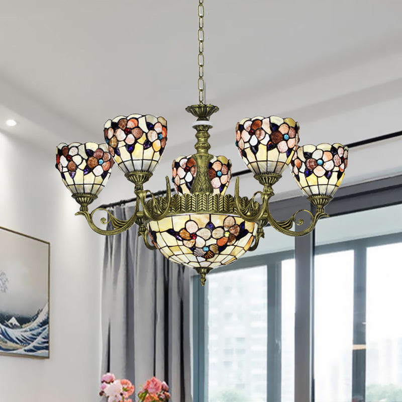 9/11 Lights Bedroom Ceiling Chandelier Tiffany Beige Flower Patterned Suspension Lamp with Bowl Shell Shade Clearhalo 'Ceiling Lights' 'Chandeliers' 'Industrial' 'Middle Century Chandeliers' 'Pendant Lights' 'Tiffany Chandeliers' 'Tiffany close to ceiling' 'Tiffany' Lighting' 1787813