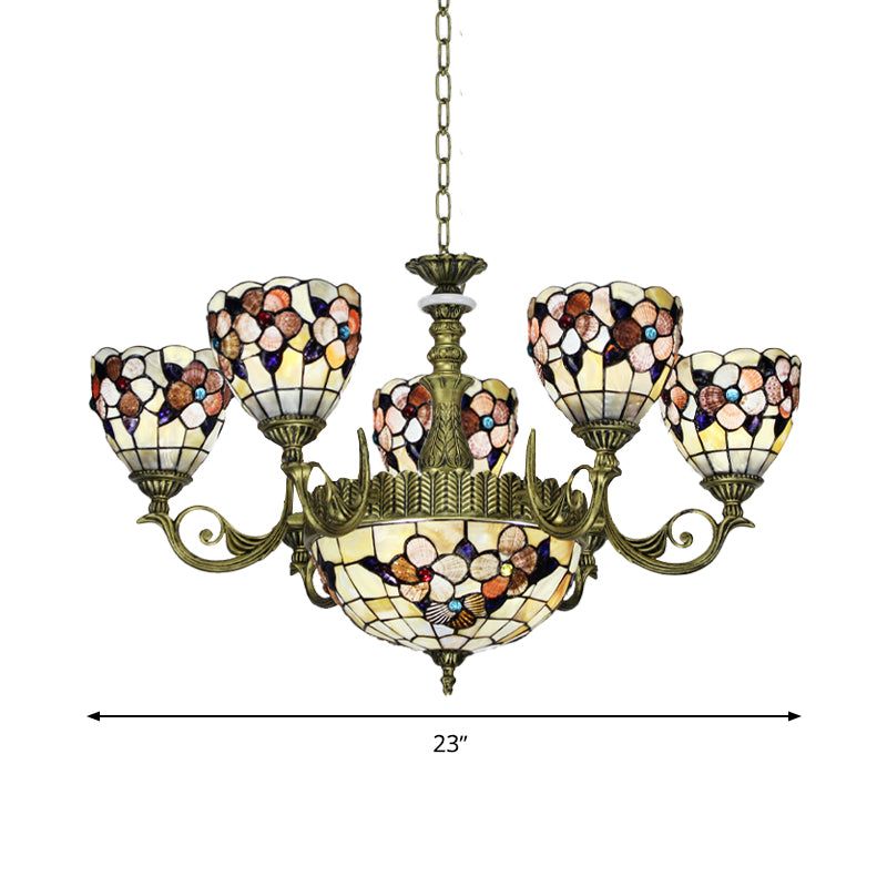 9/11 Lights Bedroom Ceiling Chandelier Tiffany Beige Flower Patterned Suspension Lamp with Bowl Shell Shade Clearhalo 'Ceiling Lights' 'Chandeliers' 'Industrial' 'Middle Century Chandeliers' 'Pendant Lights' 'Tiffany Chandeliers' 'Tiffany close to ceiling' 'Tiffany' Lighting' 1787815