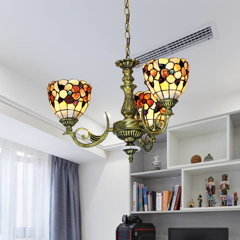 9/11 Lights Bedroom Ceiling Chandelier Tiffany Beige Flower Patterned Suspension Lamp with Bowl Shell Shade Clearhalo 'Ceiling Lights' 'Chandeliers' 'Industrial' 'Middle Century Chandeliers' 'Pendant Lights' 'Tiffany Chandeliers' 'Tiffany close to ceiling' 'Tiffany' Lighting' 1787817