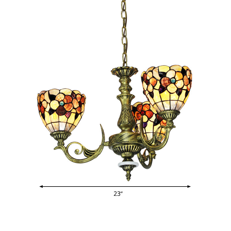 9/11 Lights Bedroom Ceiling Chandelier Tiffany Beige Flower Patterned Suspension Lamp with Bowl Shell Shade Clearhalo 'Ceiling Lights' 'Chandeliers' 'Industrial' 'Middle Century Chandeliers' 'Pendant Lights' 'Tiffany Chandeliers' 'Tiffany close to ceiling' 'Tiffany' Lighting' 1787819