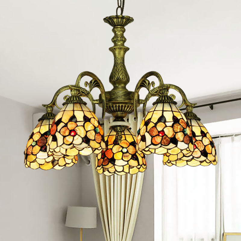 9/11 Lights Bedroom Ceiling Chandelier Tiffany Beige Flower Patterned Suspension Lamp with Bowl Shell Shade Clearhalo 'Ceiling Lights' 'Chandeliers' 'Industrial' 'Middle Century Chandeliers' 'Pendant Lights' 'Tiffany Chandeliers' 'Tiffany close to ceiling' 'Tiffany' Lighting' 1787821