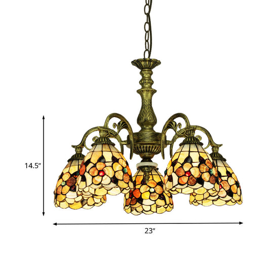 9/11 Lights Bedroom Ceiling Chandelier Tiffany Beige Flower Patterned Suspension Lamp with Bowl Shell Shade Clearhalo 'Ceiling Lights' 'Chandeliers' 'Industrial' 'Middle Century Chandeliers' 'Pendant Lights' 'Tiffany Chandeliers' 'Tiffany close to ceiling' 'Tiffany' Lighting' 1787823