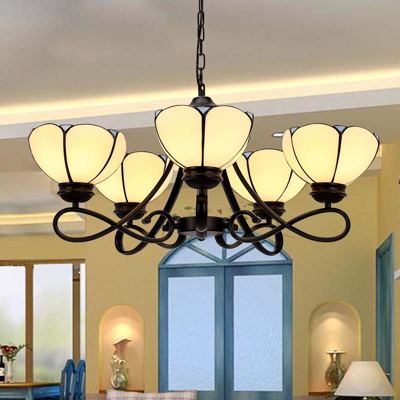 3/5 Lights Scalloped/Cone Hanging Chandelier Baroque White/Yellow/Beige Glass Suspension Lighting for Living Room with Curved Arm 5 Clearhalo 'Ceiling Lights' 'Chandeliers' 'Close To Ceiling Lights' 'Glass shade' 'Glass' 'Industrial' 'Middle Century Chandeliers' 'Tiffany Chandeliers' 'Tiffany close to ceiling' 'Tiffany' Lighting' 1787825